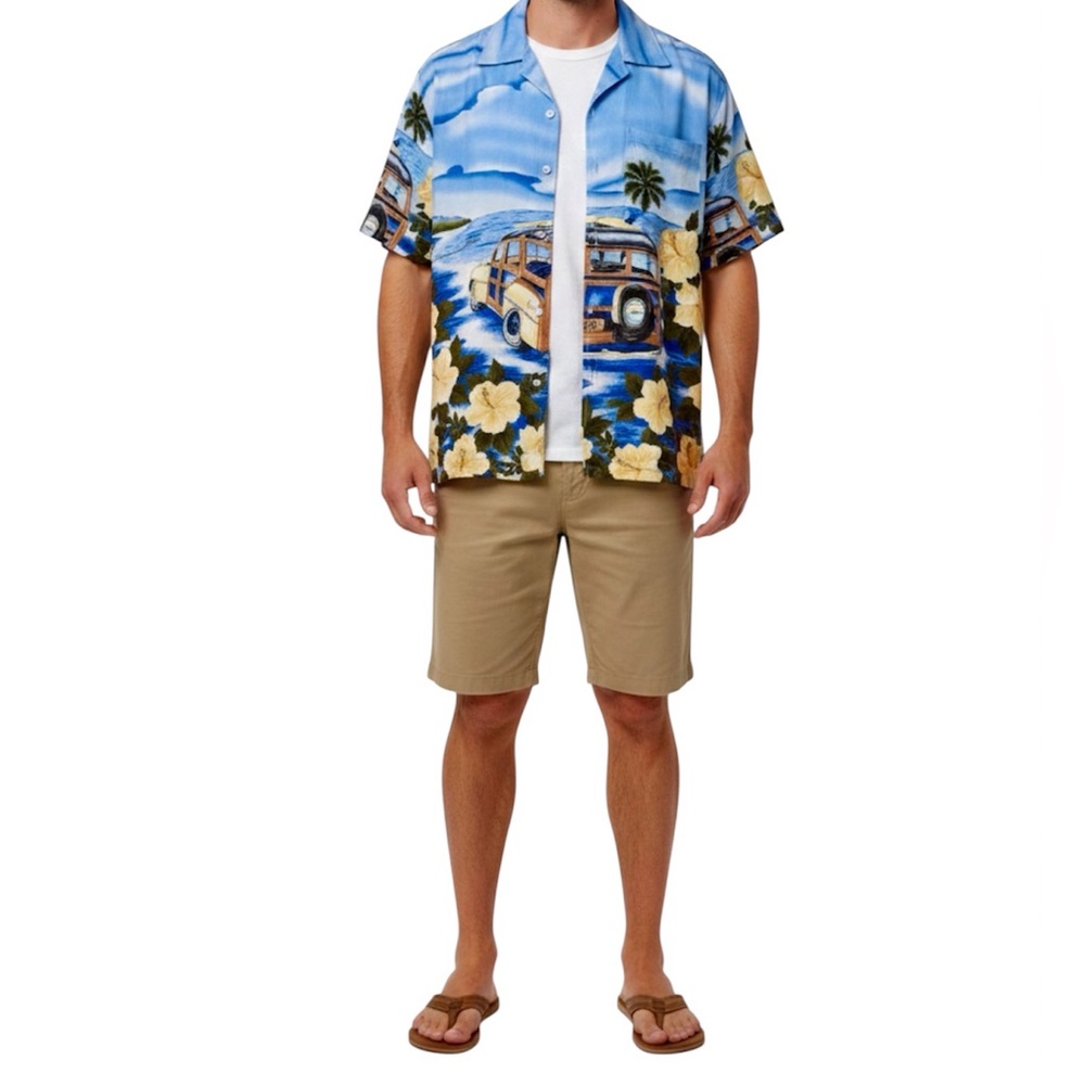 Vintage Hawaiian Shirt Mens Large Woody Wagon Surf Beach Aloha Button Up